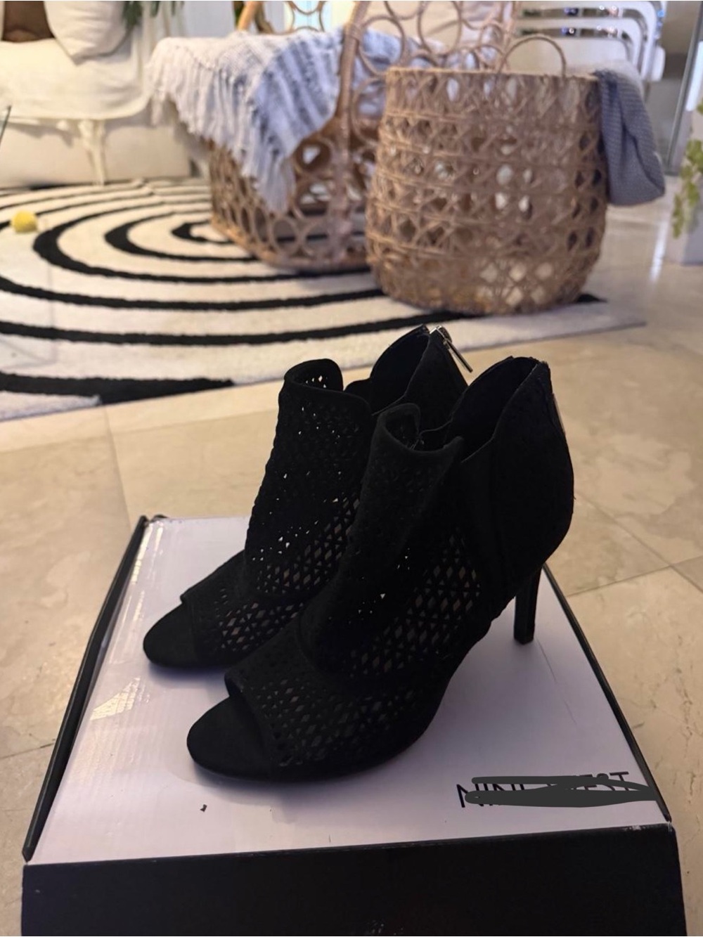 Unisa Black Peep-Toe Mesh High Heel Booties